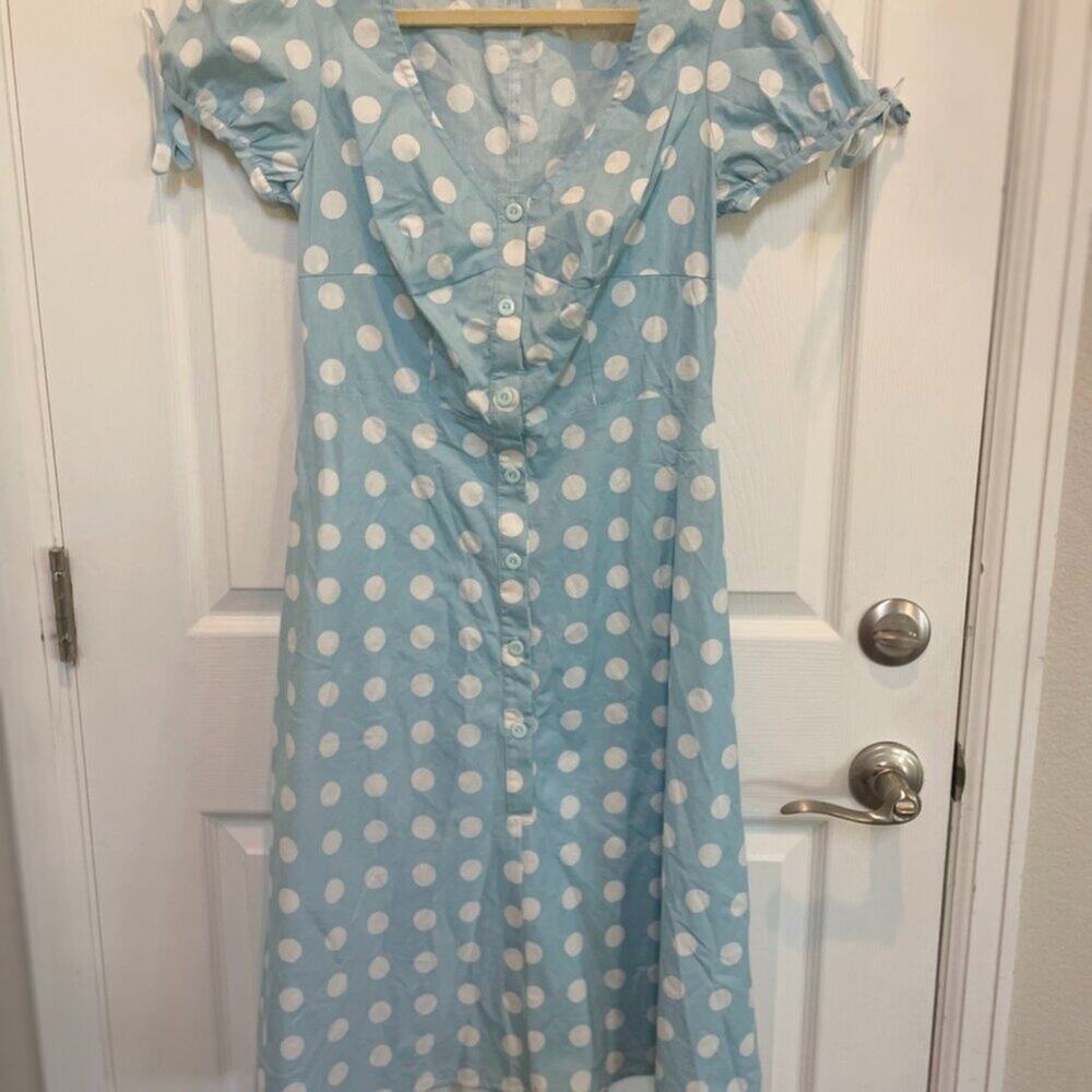 Unique Vintage Blue and White Polka Dot Button Up Midi Swing Dress 50s Sz M #45